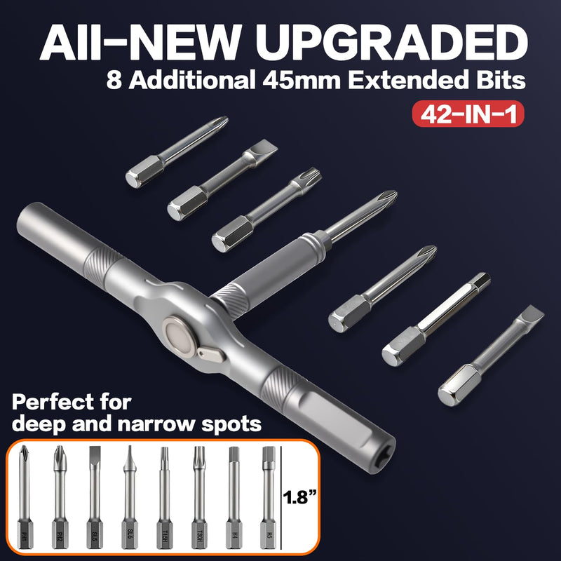 42 in 1 Magnetic Screwdriver, Screwdriver Set, Multi Bit Ratcheting Screwdriver Set with Storage Case Repair Tool Kit for Computer, Eyeglass, Bicycles, Watch, Ring Doorbell, Furniture (Grey) Grey