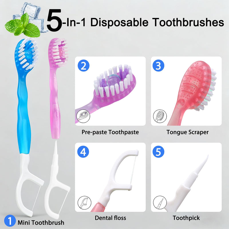 JASUNLEE 70Pack Mini Disposable Toothbrushes 5-in-1 PrePasted Travel Toothbrush with Toothpaste Flosser Pick Tongue Scraper, Individually Wrapped Box, Carry On Essentials for Airplane Camping 70