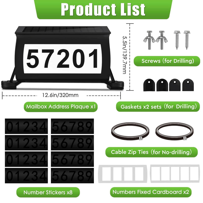 Solar Address Sign, 3 Colors-in-1 Waterproof Mailbox Number Plaque for Outside, Double-Sided Light-Emitting Mailbox Topper, House Numbers for Outside (No-drilling Option Available) Black