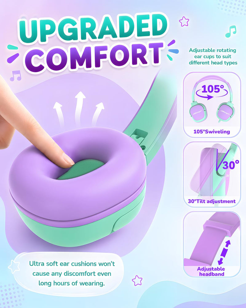 Kids Headphones with Safe Volume Limited for School Travel (GreenPurple) | 3.5mm Wired, Foldable, Stereo Sound On-Ear Headset for iPad Computer Boys Girls GreenPurple