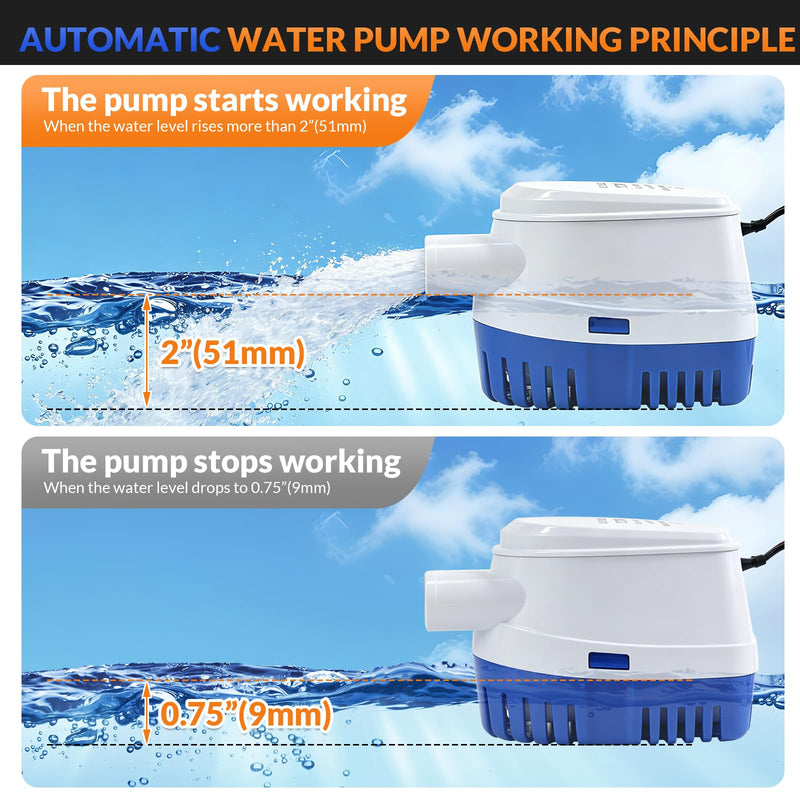 12V 1200GPH Automatic Marine Bilge Pump Kit, 1-1/8 Inch Submersible Drain Set with 6.3FT Hose, Pure Copper Clamps, Stainless Steel Hose Clamps, Thru-Hull Fitting & Seal Rings, Fits Yachts, Boats & RVs