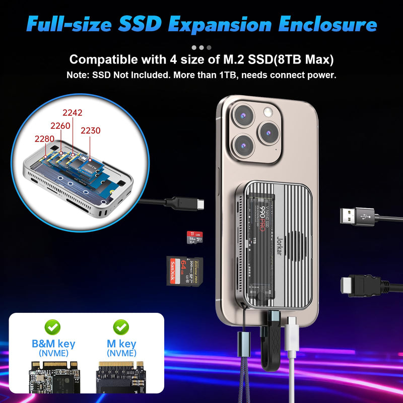 10gbps Magnetic Docking Station, USB C Hub with NVMe M.2 SSD Enclosure for iPhone 17/16/15 Pro/Pro Max/Plus with Cooling Fan, Support SSD Size 2230/2242/2260/2280 B+M M-Key JK-MAG-CASE