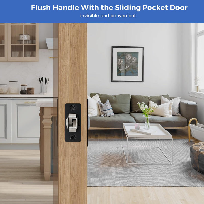 Matte Black Pocket Door Hardware with Privacy Lock & Latch - Contemporary Style for Square Pocket Doors(1 Pack, No Pull)
