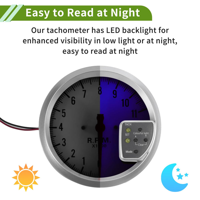 5" 127mm Tachometer Gauge Colorful Pointer RPM Tachometer Tach Gauge 0-11000RPM W/Sensor and Bracket Car DC 12V