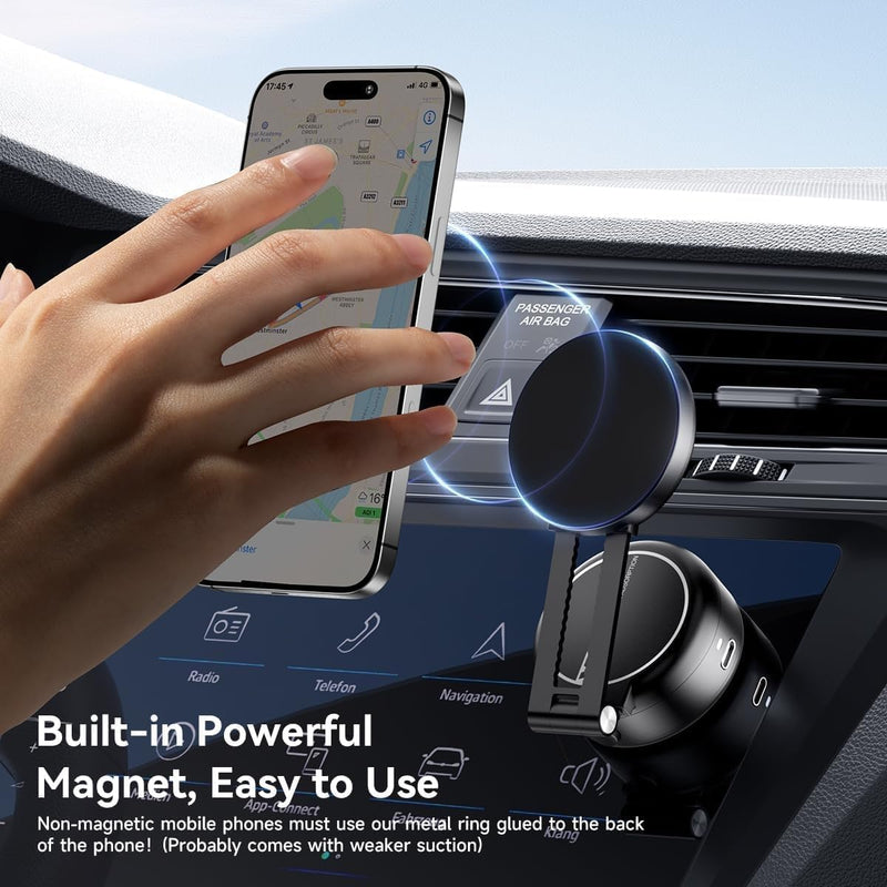 Electric Vacuum Magnetic Car Phone Mount,Vacuum Suction Car Phone Holder Hands-Free,Adjustable Foldable Magnetic Suction Cup Phone Mount,Strong Magnetic Car Mount for Smooth Surface(New-Black) New-Black