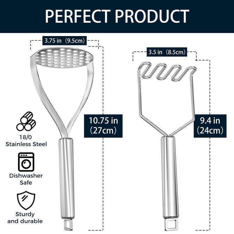 18/0 Stainless Steel Potato Mashers, 10.7-in Kitchen Masher Tool for Avocado Vegetable Sauce Butter, Heavy Duty, Dishwasher Safe, Pack of 2 Potato mashers - 2PCs