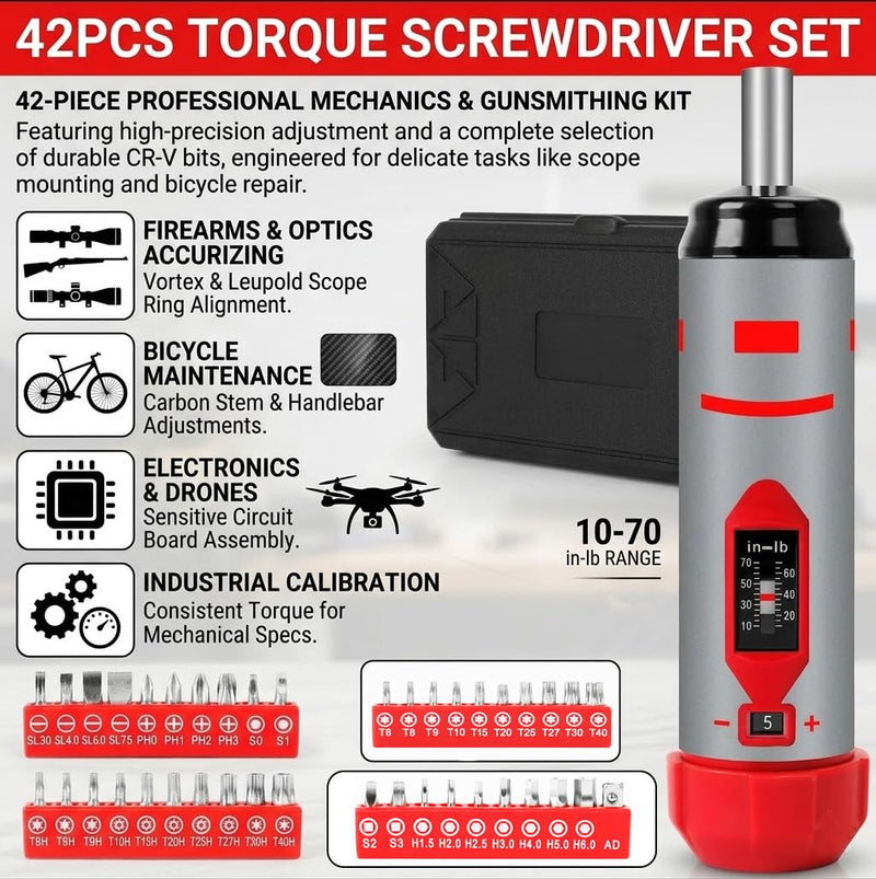 42-Piece Torque Screwdriver Set, 10-70 in-lb Inch Pound Torque Wrench with 40 CR-V Bits, 1/4 Inch Drive, Magnetic Extension & Hard Case for Rifle Scope Mounting, Gunsmithing & Bike Repair 42pcs Torque Screwdriver Set