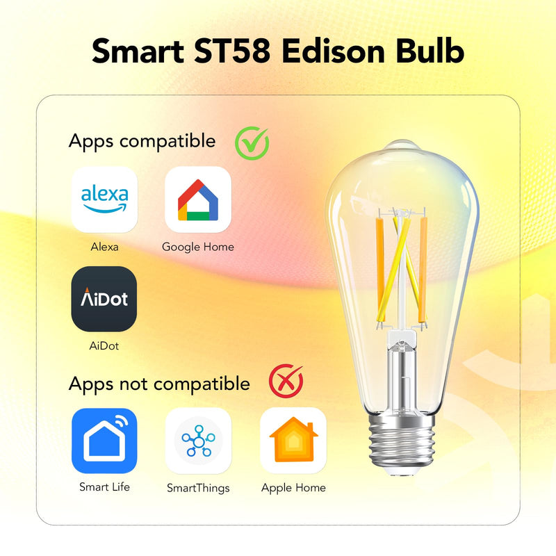 OREiN Smart Edison Light Bulbs, 2.4 Ghz Wi-Fi ST19(58) Vintage Light Bulbs E26, 800LM Dimmable via app, 2700-6500K Tunable, Smart LED Filament Bulb Works with Alexa/Google Home, 60W Equivalent 4Pack ST19-4Pack