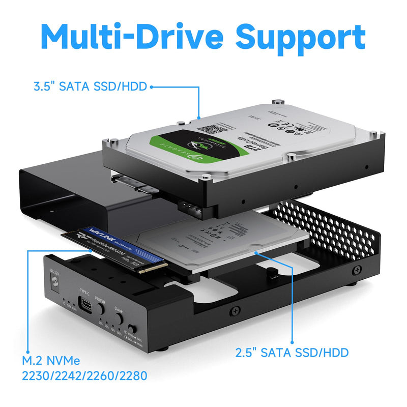WAVLINK Hard Drive Docking Station NVMe M.2 to SATA 2.5/3.5 SSD/HDD | 10Gbps Lay Flat Docking Station SATA to M.2 NVMe Cloner Tool-Free, Offline Clone Function for Windows Mac Linux