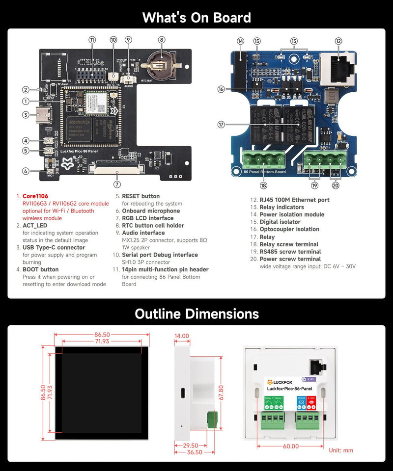 Waveshare Luckfox Core1106 Smart 86 Box Development Board, RV1106G2, 0.5/1TOPS, 128MB/256MB DDR3L, ARM Cortex-A7 32-bit, Onboard 4inch 720 × 720 Pixel Touch Display, RS485 Interface, with Wireless