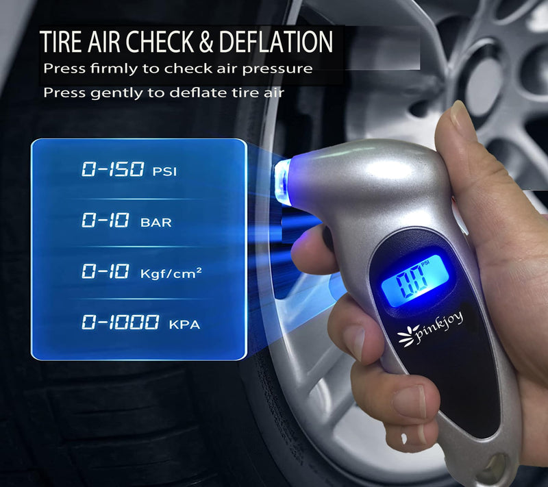 PINKJOY Digital Tire Pressure Gauge 2 Pack 150 PSI, 4 Settings, Tire Gauge for Car, Truck, Motorcycle, Bicycle with Backlit LCD and Non-Slip Grip (Silver) Silver 2 Pack