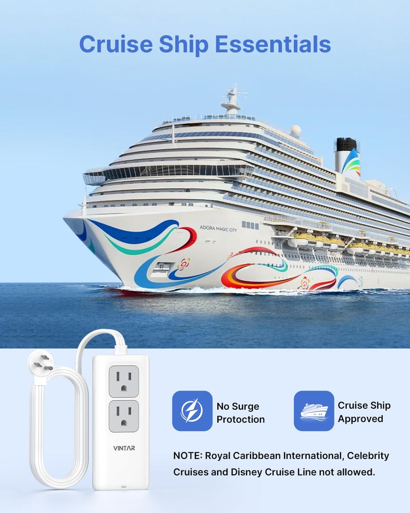 VINTAR 5FT Cruise Approved Travel Power Strip with 3 USB Ports(2 USB C) | Non Surge Protector, 45° Flat Plug Extension Cord, 2 Pop Up Outlets, Home Hotel Travel Cruise Ship Essentials