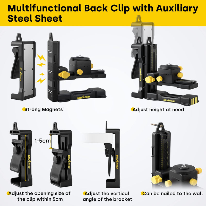 ENVENTOR Fine-tuning Bracket Laser Level Adapter, 1/4"-20 Male Threaded L-Shape Magnetic Pivoting Base with Adjustable Clip for Wall & Ceiling Mounted, 360° Adjustable Support, Height Adjustment Black