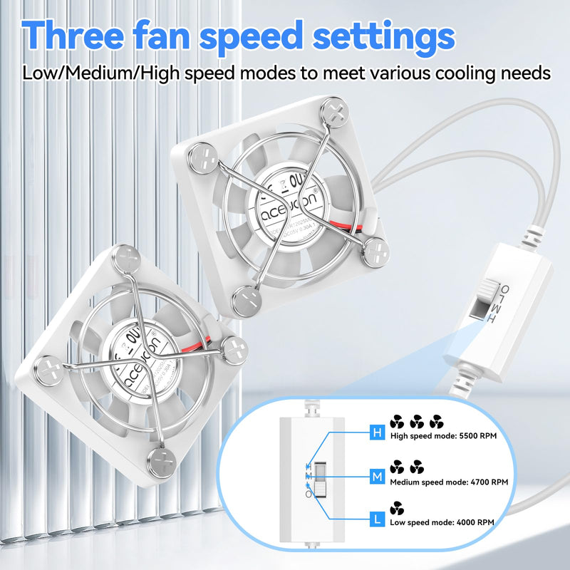 aceyoon 40mm USB Dual Fan, 3 Speed Adjustable (4000/4700/5500 RPM) Mini USB Fan with Painted Metal Grille, Portable PC Cooler for Laptop, Router, Game Console, White