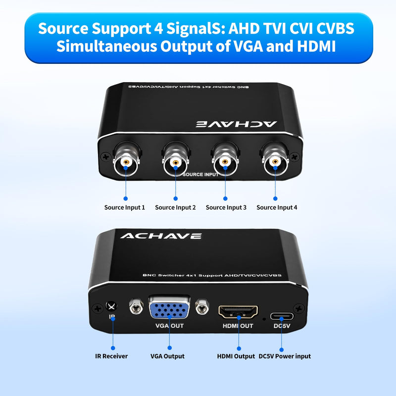 ACHAVE 4x1 BNC Switcher, Supports AHD/TVI/CVI/CVBS Signals, Simultaneous HDMI + VGA Output, 4-Channel Video Switcher for CCTV Camera/Monitor