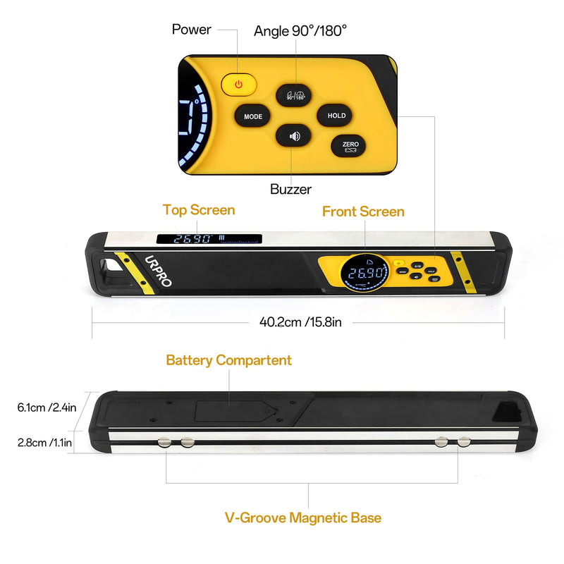Inclinometer, Top View Screen Digital Torpedo Level and Protractor Neodymium V-Groove Magnets Display Smart Level IP54
