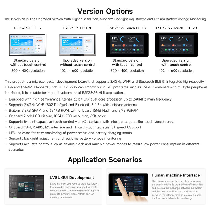 Waveshare ESP32-S3 7inch LCD Development Board, ESP32 with Display, 1024×600, 32-bit LX7 Dual-core Processor, 240MHz Frequency, Supports WiFi & Bluetooth, with Onboard Antenna, No Touch Function