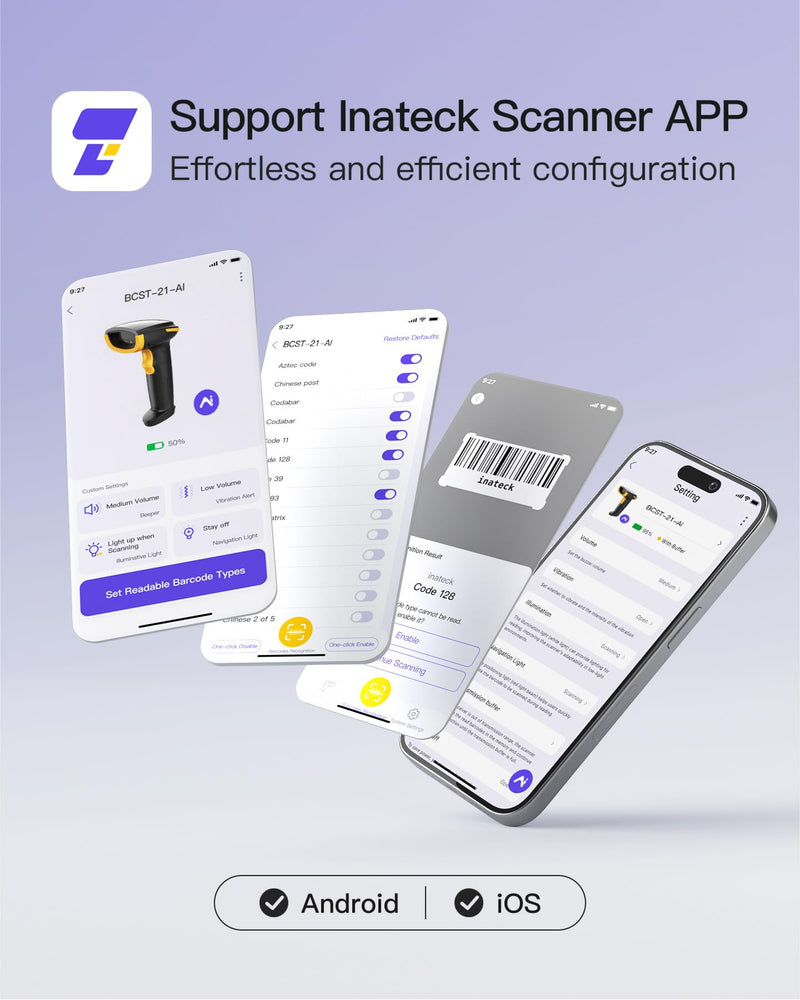 Inateck AI Barcode Scanner Bluetooth, 1D Handheld Scanner Wireless, Handheld Scanner with APP and SDK, 1 Charge 3 Months, BCST-21 AI