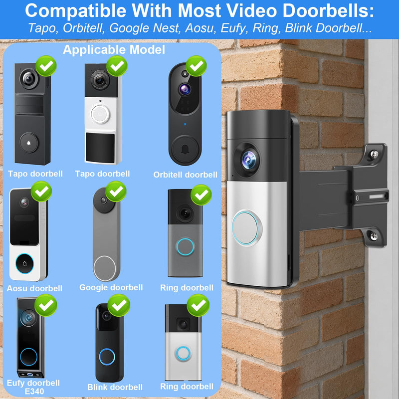 Adjustable 2" to 4.7" Doorbell Extender Mount for Ring Newest 2026 Battery/Blink/Tapo/Orbitell Video Doorbell, Universal Doorbell Angle Camera Mount, Brick Wall Mounting Bracket Holder for Wider View Ring doorbell mount