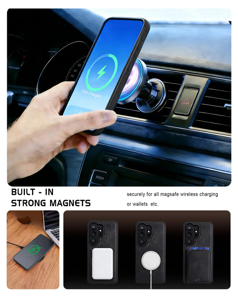Magnetic Detachable Wallet Case for Samsung Galaxy S23 Ultra with Kickstand,2-in-1 MagSafe Compatible RFID Blocking Card Holder,Slim PU Leather Cover Black