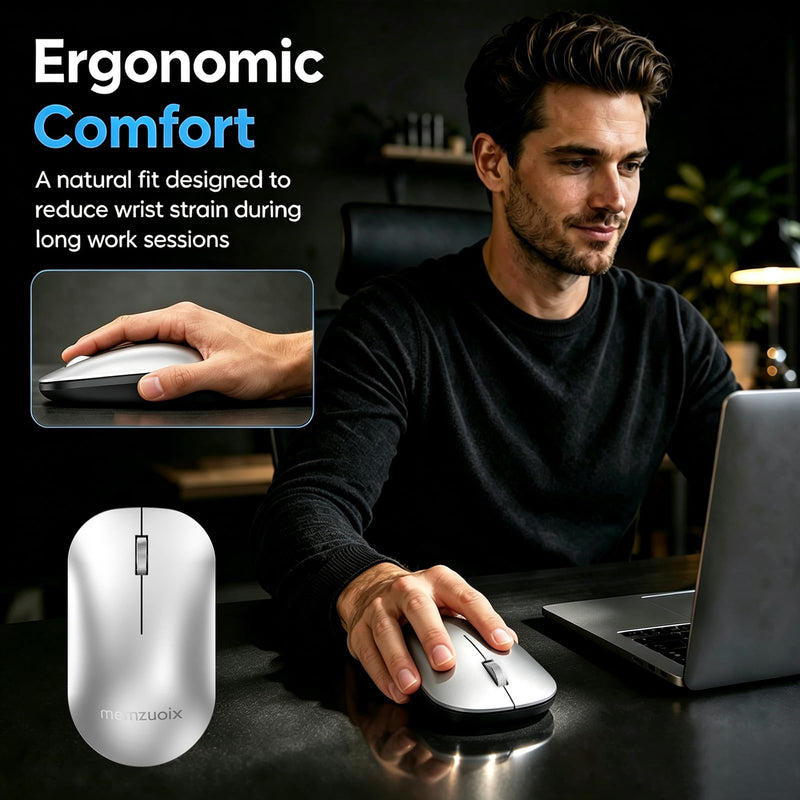 memzuoix 2.4GHz Wireless Mouse, Silent Click Portable Mouse with 1600 DPI Precision Optical Sensor, USB Receiver, Plug and Play Compact Mouse for PC, Laptop, MacBook, Chromebook, Chrome OS, Silver