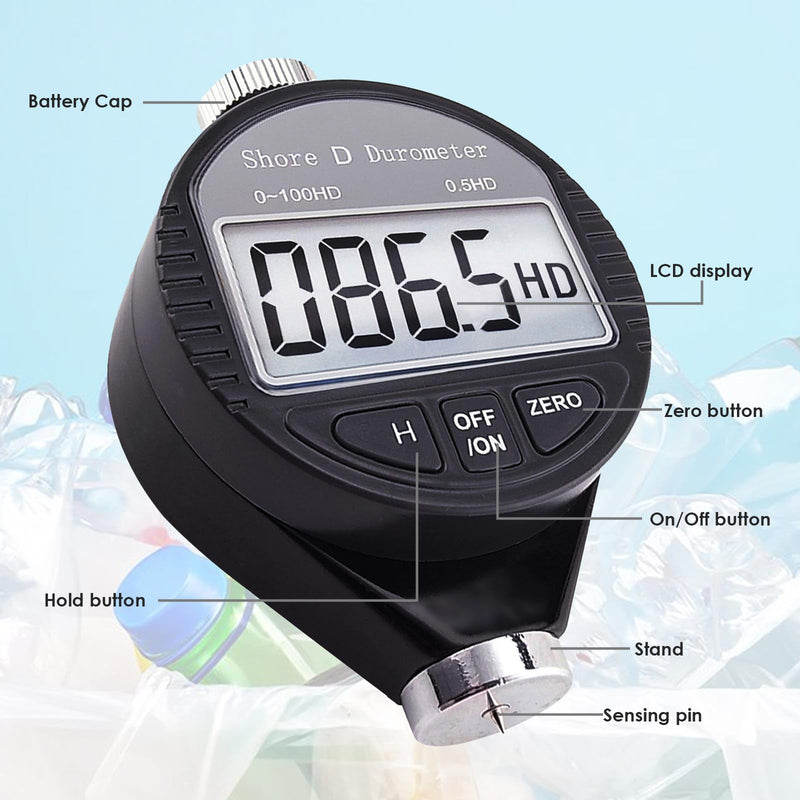 Shore D Hardness Tester Meter Portable 0-100HD Digital Durometer D for Rubber, Tire, Plastic, Thermal Plastic, Flooring, Bowling Ball with Large LCD Display Black