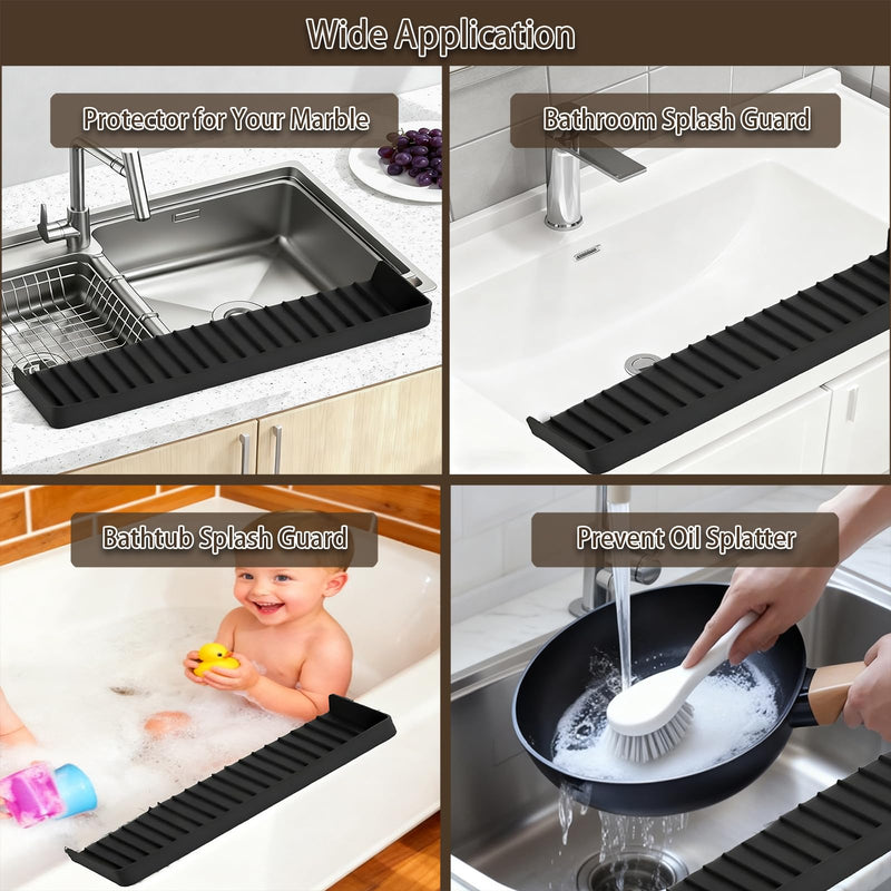 Silicone Sink Edge Protector with Suction Cup 4" x 24",Kitchen Sink Splash Guard for Kitchen, Bathroom Sink, Steel, Granite, Quartz Countertops,Multifuctional Sink Accessories (Black) Black 4in*24in