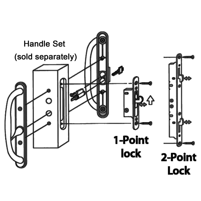 2 Point Sliding Patio Glass Door Mortise Lock with 11-3/4" Faceplate, Dual Point Hooks with Anti-Slam Pin, 45° Keyway, A/B Position, 3-15/16" Handle H.C. (Sold Separately), Non-Handed 2 Point Mortise Latch