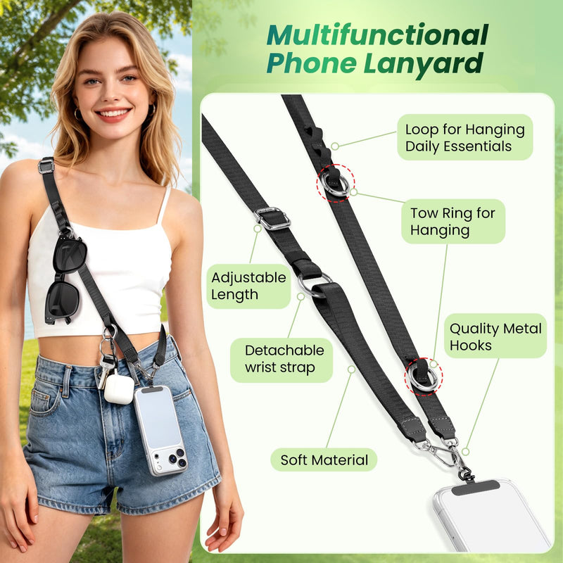 Multifunctional Phone Lanyard, 3 in 1 Cell Phone Detachable Adjustable Crossbody Strap & Neck Lanyard & Wrist Lanyard with 2x Tether Tab for Most Smartphones, Outdoor Travel Essential Black Blackx1