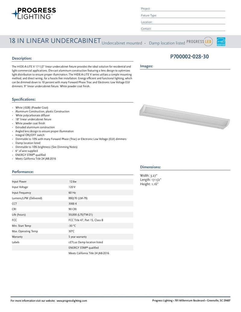 Progress Lighting Hide-a-Lite V 18" LED Undercabinet, Indoor, P700002-028-30, White 18 in