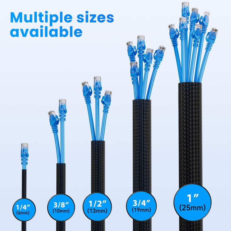 1/2" 10ft Black Expandable Braided Cable Sleeve PET | Wire Sleeve for Cable Management, Abrasion & Heat Resistant, Easy Install & Cut, Ideal for Home Theater & Smart Home 1/2"-10ft