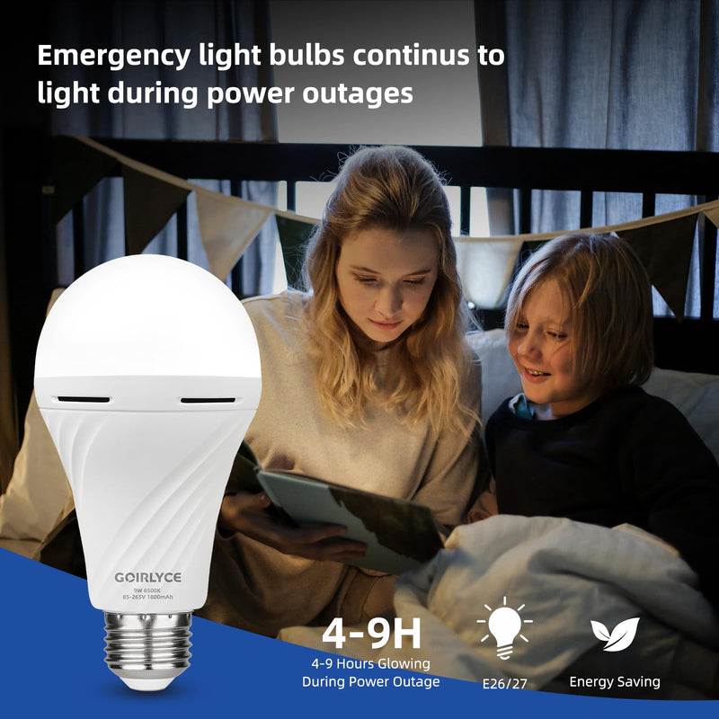 6 Pack Rechargeable Emergency Light Bulbs, Battery Powered LED Light Bulb with Daylight 9W E26 6500K 1500mAh for Home Power Outage Hurricane Blizzard Hiking Camping 6-pack Cool White