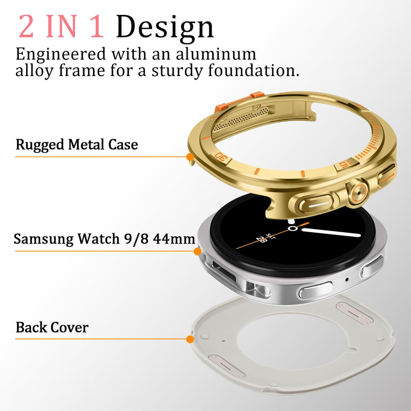 Amizee Rugged Metal Case for Galaxy Watch 9/8 44mm, Gold/Orange | Case Compatible with Samsung Galaxy Watch 44mm with Back Cover, Protective Bumper Cover for Watch 9/8
