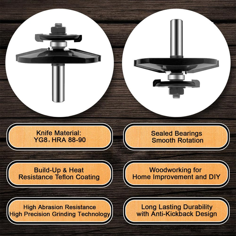 LEATBUY 1/2 Inch Shank Router Bit Set 3 PCS Round Over Raised Panel Cabinet Door Rail and Stile Router Bits, Woodworking Wood Cutter, Wood Carbide Groove Tongue Milling Tool(1/2-Double) TG-6