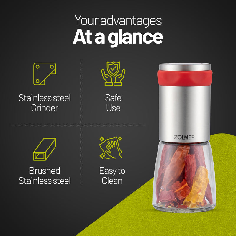 ZOLMER® Chili Pepper Grinder Stainless steel & glass | Hot pepper grinder cutting unit for coarse spices & chili with aroma protection lid