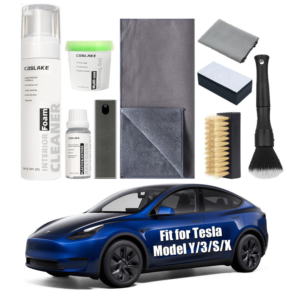 for Tesla Interior Cleaner Kit 9PCS, Foam Seat Cleaner Safe for Tesla Black & White Vegan Leather, with Screen Cleaner, Plastic Restorer, Car Detailing Kit for Model Y/3/S/X Accessories