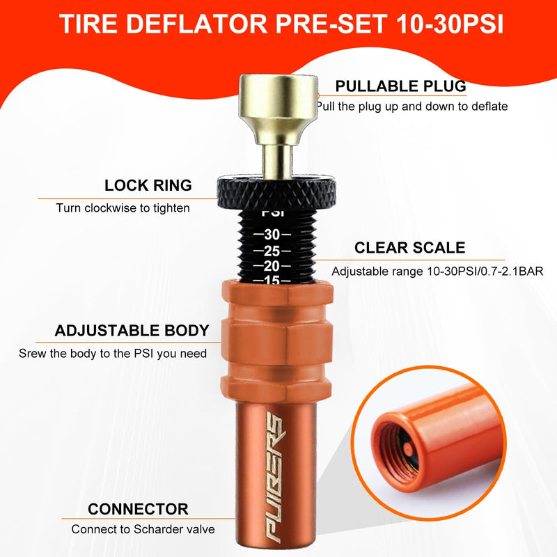 Tire Deflator Adjustable Auto-Stop (0.7-2.1bar/10-30PSI) - Precision Tire Deflators Offroad Accessories 4x4 for Truck, SUV, Motorcycle,Brass Core Tyre Air Down Tool 4PCS