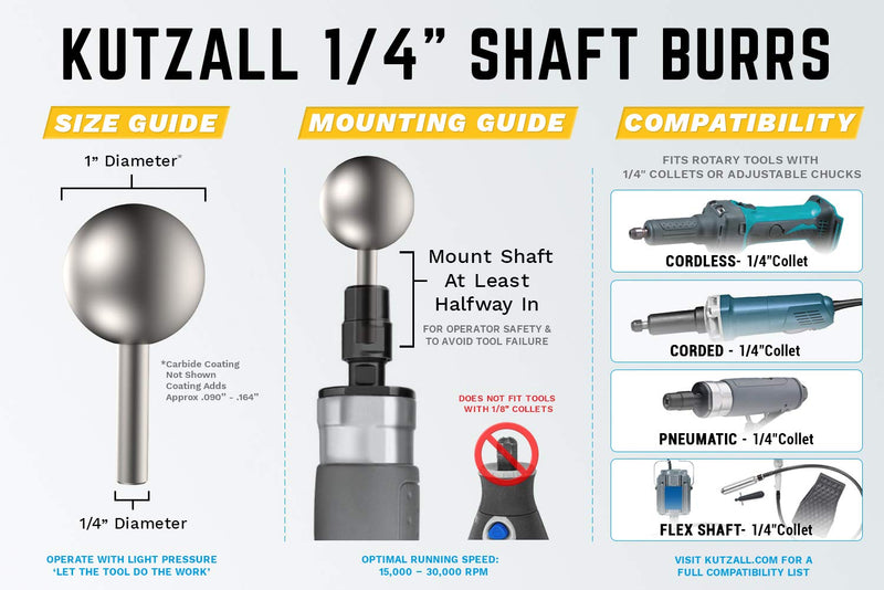 Kutzall Original Sphere Rotary Burr, 1⁄4" Shaft, Fine - Wood Carving Bit for Bosch, DeWalt, Milwaukee Tools. Abrasive Tungsten Carbide Coating, 1" (25.4mm) Head Diameter, S-1G Original - Fine Head Diameter: 1", Head Length: 1"