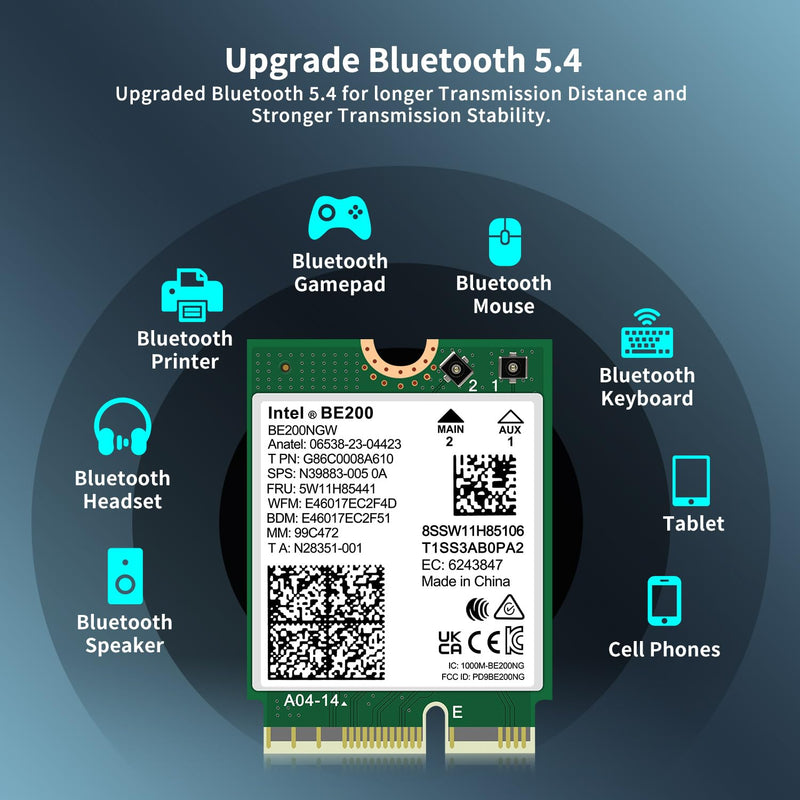 WiFi 7 Wireless Card BE200NGW, Bluetooth 5.4, 5800Mbps M.2/NGFF Network Support Windows 10/11 (64bit), Linux. (AMD is not Supported). Ideal for WiFi7/WiFi6E/WiFi6/WiFi5 Router and Wireless AP