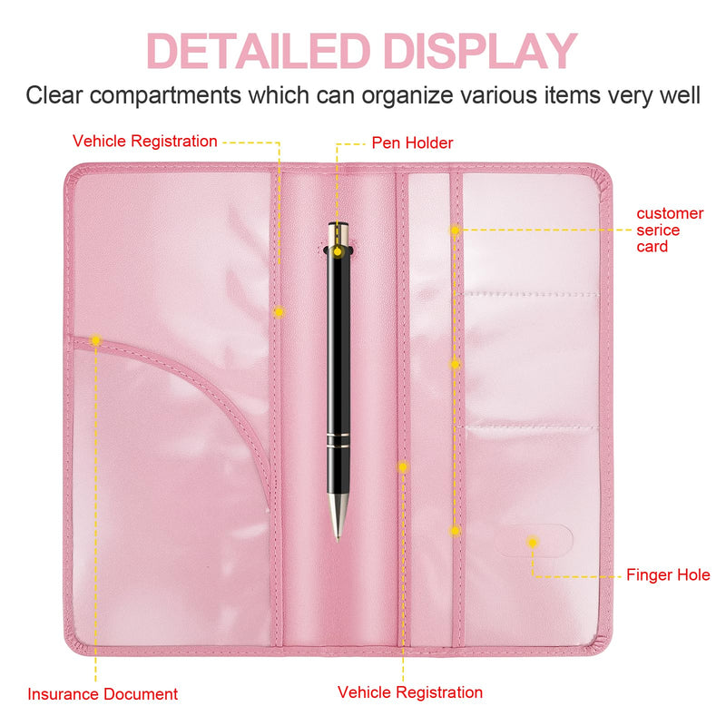 PLOJOP Car Registration and Insurance Card Holder, Leather License Document Pink Glove Box Compartment Organizer, Car Wallet Case for Essential Info, License Cards, ID Card L