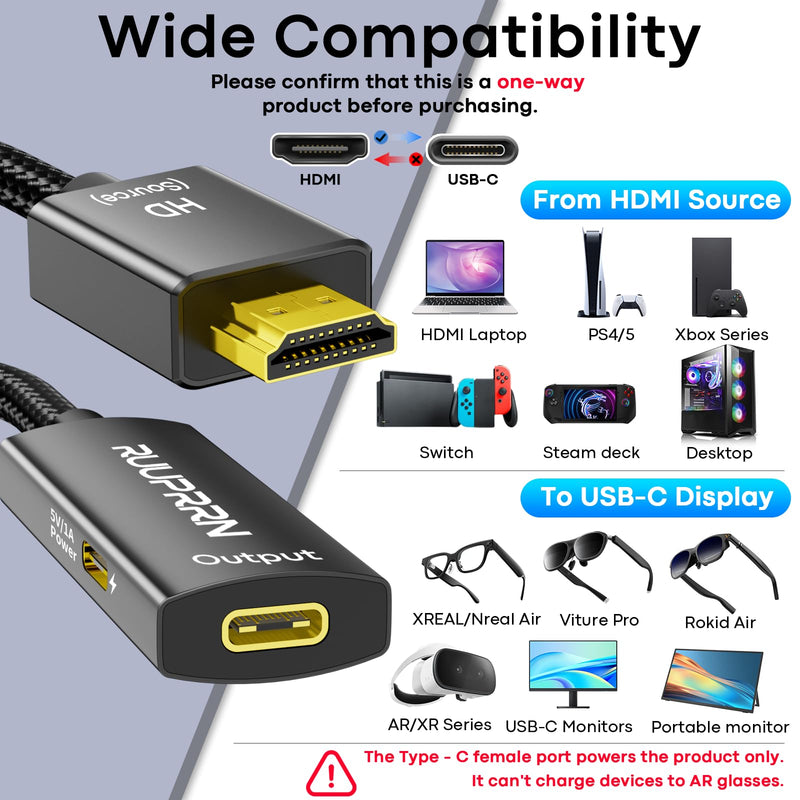 4K60Hz HDMI to USB C Adapter for AR Glasses, Unidirectional Video Converter | HDMI Male Source to USB-C Female display for XREAL One/Air 2 Pro, VITURE Pro, RayNeo Air 4 pro, Switch, Steam Deck,PS4/5,Xbox