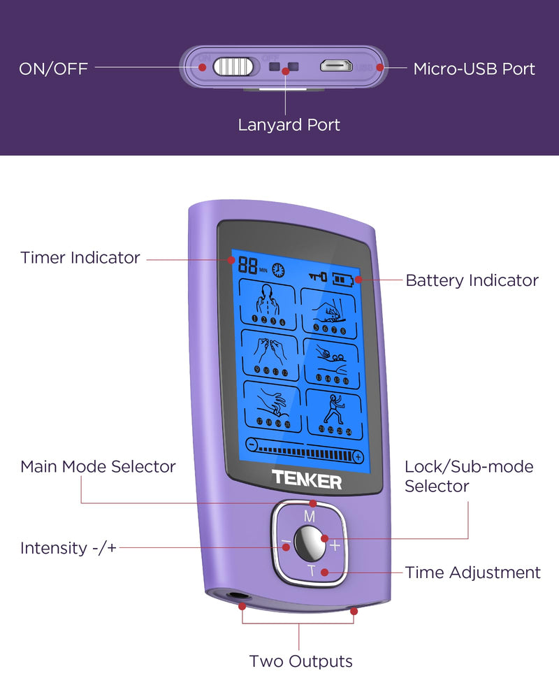 TENKER TENS Unit Muscle Stimulator, 24 Modes TENS EMS Machine for Shoulder, Sciatica, Back Pain Relief, Rechargeable Electronic Pulse Massager with 2"x2" and 2"x4" Electrode Pads A-purple