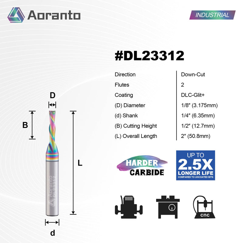 DL23312 1/8" Downcut Spiral CNC Router Bit 1/4" Shank, Industrial Quality Extra Long Life Coating Solid Carbide Down Cut End Mill for Wood Slot Engraving Carving, 1/8" Dia x 1/2" CL, 2 Pack 1/8"Dia x 1/2"CL x 1/4"SHK
