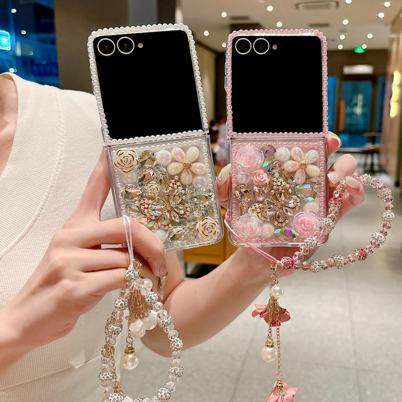 Changjia for Samsung Galaxy Z Flip 8 5G Glitter Bling Case,Cute 3D Sparkle Pearl Butterfly Crystal Rhinestones Flowers Diamonds Gems with Lanyard Wrist Strap Women Girls Case for Galaxy Z Flip 8,Pink Pink