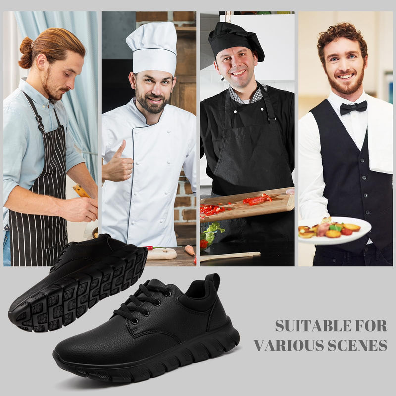Mens Non Slip Work Shoes Waterproof Oil Resistant PU Leather Food Service Restaurants Kitchen Chef Shoes Comfortable Walking Sneakers Lightweight Casual Zapatos de Trabajo para Hombres 12 A All Black