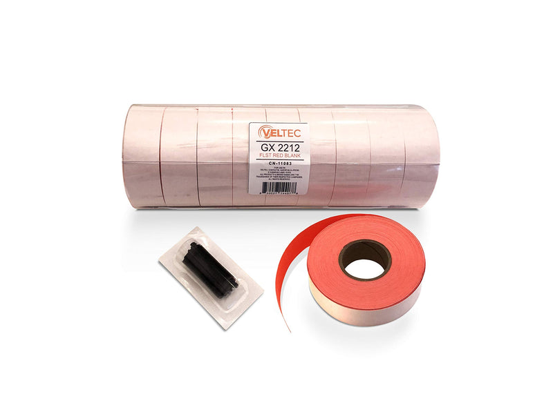 Veltec 2212 Fluorescent Red Pricing Labels for Garvey and Contact 22-6, 22-7, 22-8 Price Gun/Labelers, Free Ink Roller – 9 Rolls, 11,000 Labels with Security Slits