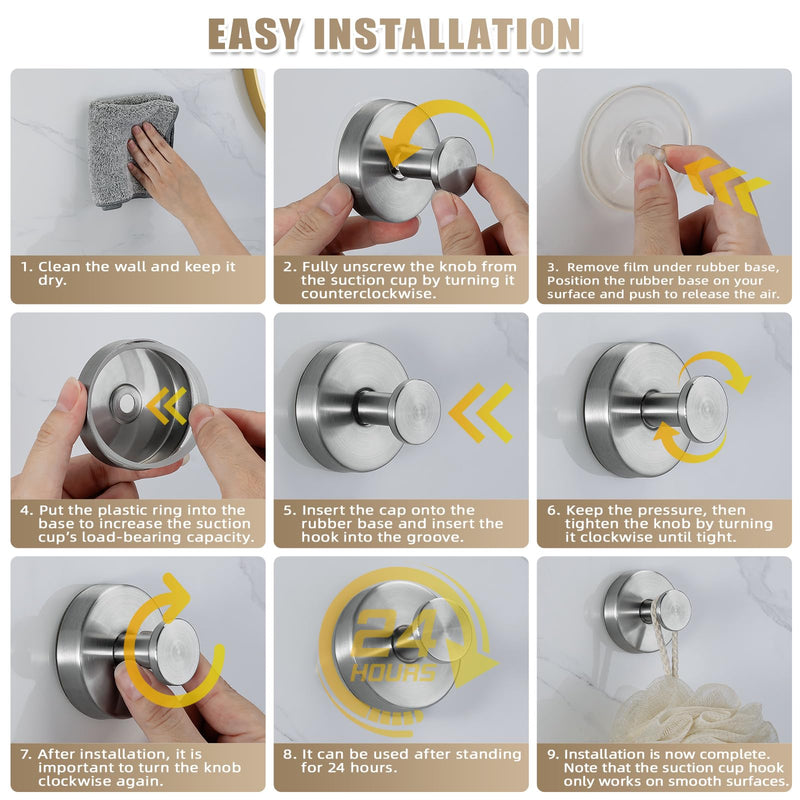 Suction Cup Hooks for Shower No-Drill Bathroom Hooks for Towels, Robes, Loofah Mountable on Bathroom Walls, Kitchen, Glass, Mirrors, Tile and Smooth,Non-Porous Surfaces (2, Brushed Nickel) 2