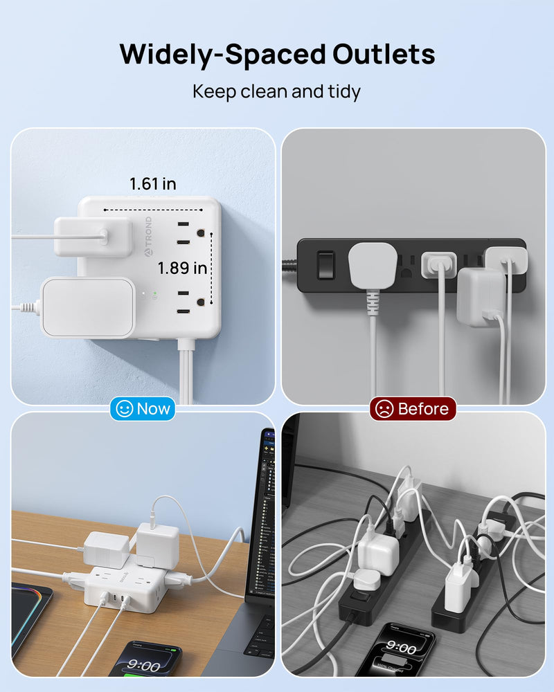 TROND Surge Protector Power Strip, 5ft Flat Plug Extension Cord, White | 8 Outlets & 4 USB Ports(3 USB C), 1625W, 1440J, Wall Mount Outlet Extender for Home Office Dorm Room Essentials