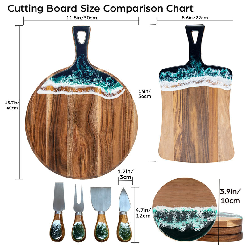 Charcuterie Boards with Resin Cheese Knives, Blue Wood Resin Cheese Platter - Cheese Tray with Cheese Utensils, Fruit Tray, and 4 Cheese Knives House Warming Gifts New Home, Wedding Gift for Couple