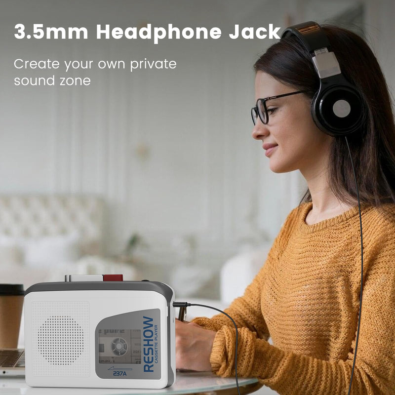 Portable Cassette Player with Built-in Speaker, Tape Recorder for Music Playback & Voice Recording, Ideal for Students, Home, Travel and Nostalgic Music Lovers (Grey White) Grey White